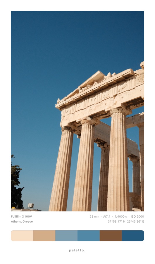 The Acropolis with camera details, Athens, Greece, its coordinates and a strip of six colors