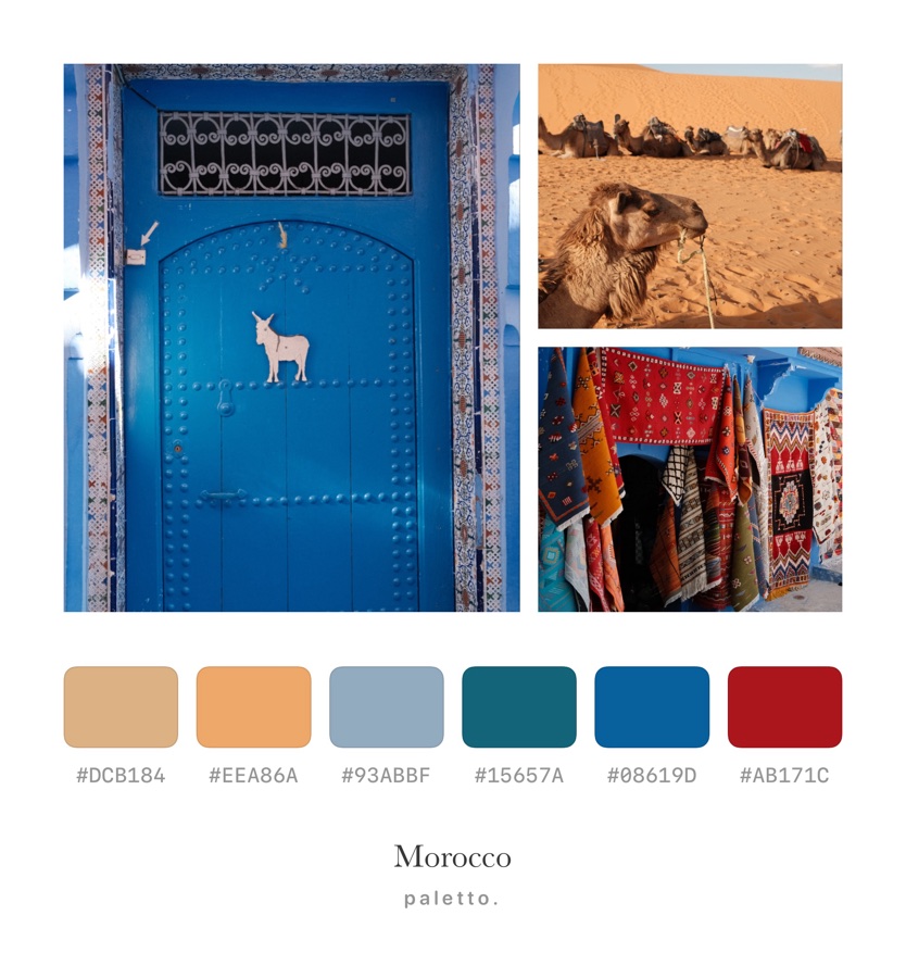 Three photos from Morocco on one matte with six shared color blocks, their hex codes and the caption Morocco