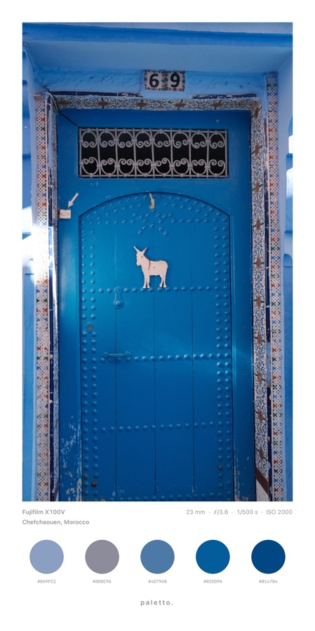 Blue door in Chefchaouen with five blue dots and their hex codes