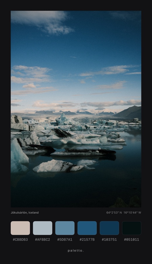 Glacier lagoon at Jökulsárlón on a black matte, with six blocks from pale gray-blue to navy and their hex codes