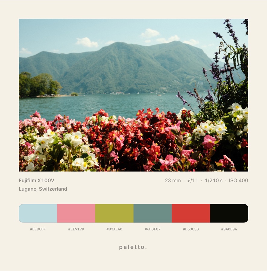 Lake Lugano framed in cream, with the camera settings, Lugano, Switzerland, and a strip with hex codes