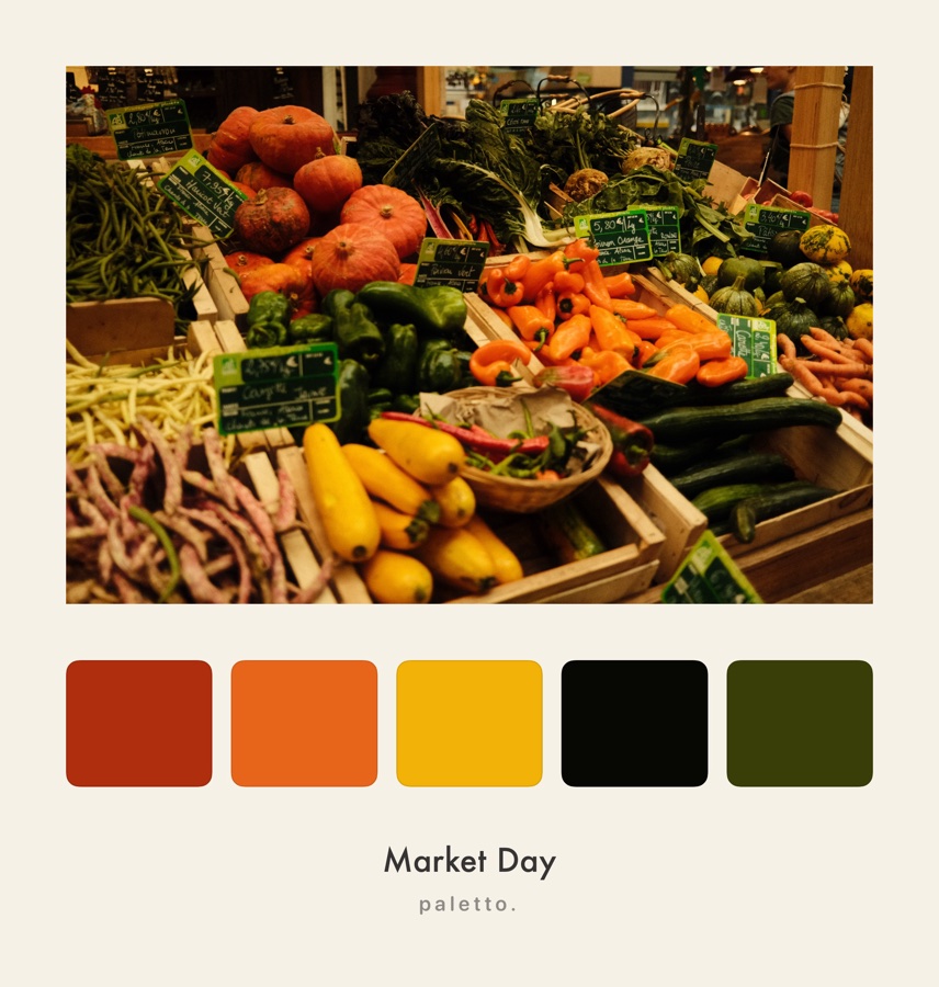 Vegetable market in cream with five tall blocks and the caption Market Day