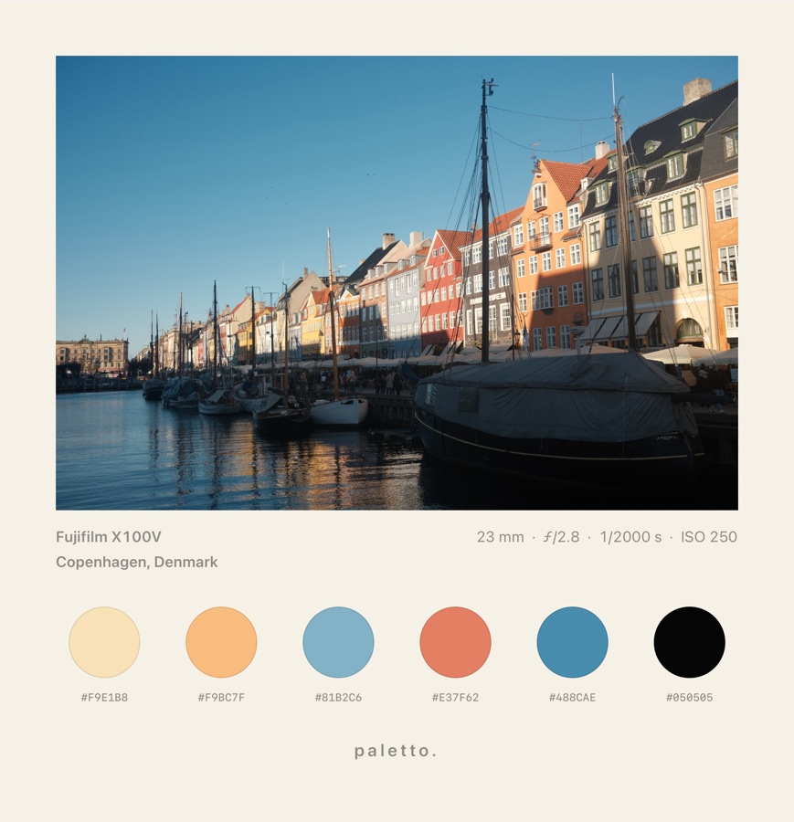 Nyhavn, Copenhagen, in cream with the camera settings and six dots with hex codes