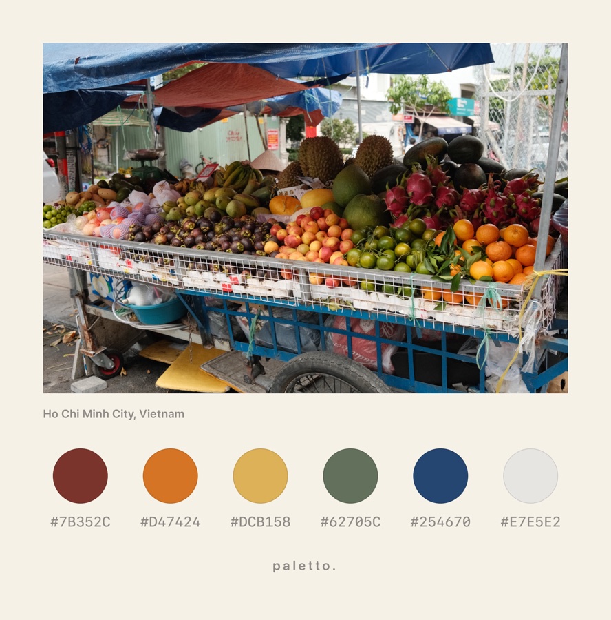 Fruit cart in Ho Chi Minh City with dots and hex codes